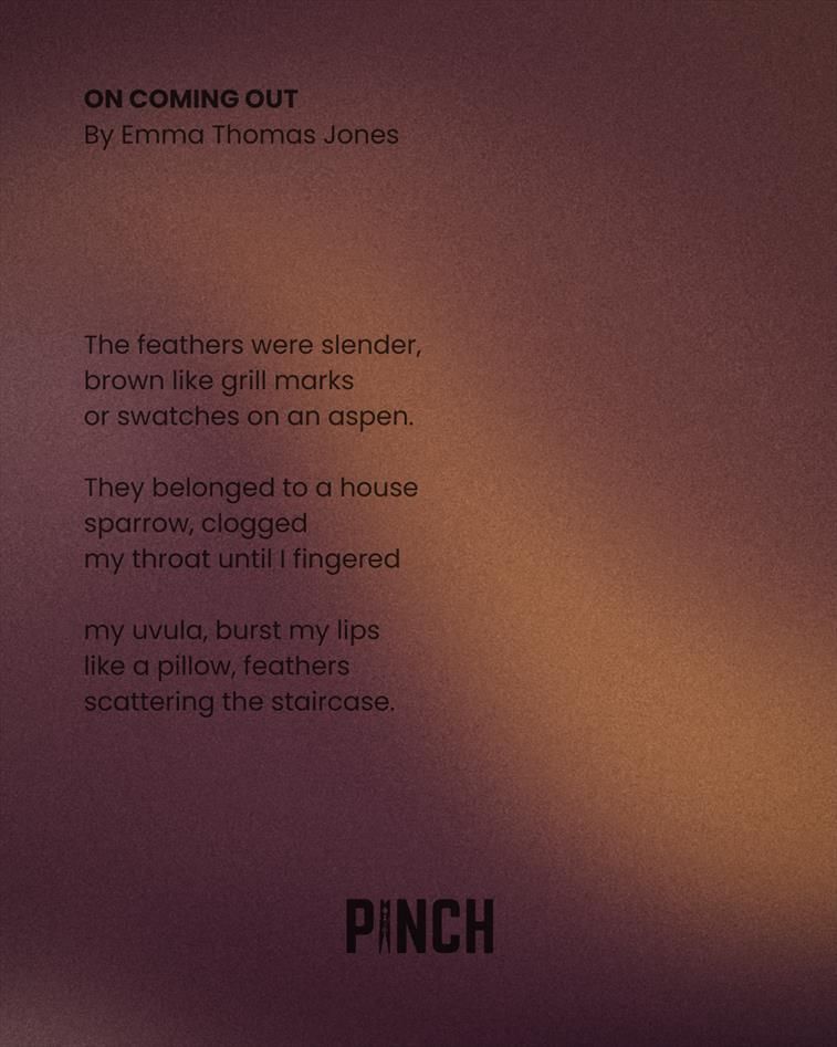 On Coming Out
By Emma Thomas Jones

The feathers were slender,
brown like grill marks
or swatches on an aspen.

They belonged to a house
sparrow, clogged
my throat until I fingered

my uvula, burst my lips
like a pillow, feathers
scattering the staircase.