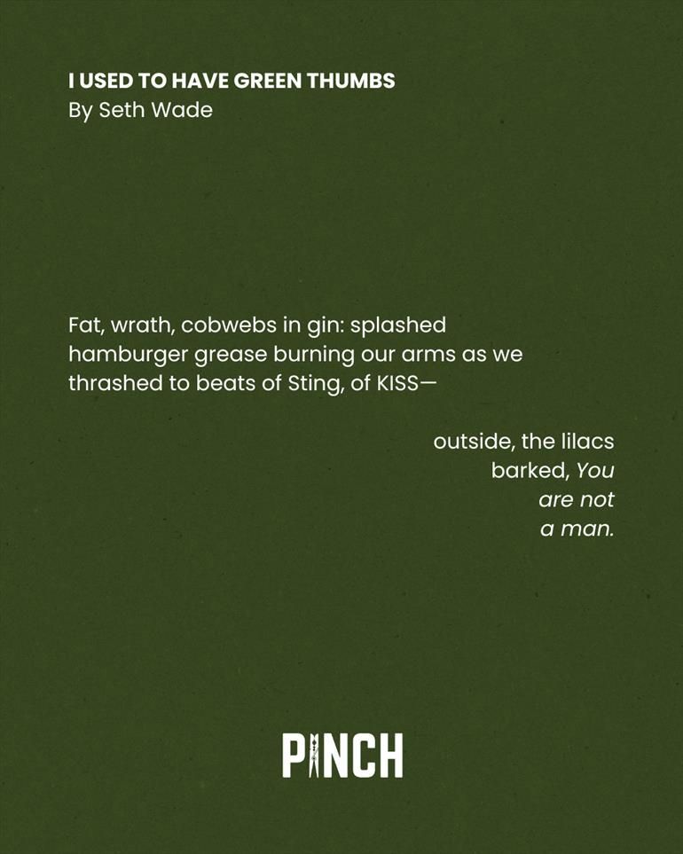 I Used to Have Green Thumbs
By Seth Wade

Fat, wrath, cobwebs in gin: splashed
hamburger grease burning our arms as we
thrashed to beats of Sting, of KISS—

outside, the lilacs
barked, You
are not
a man. 