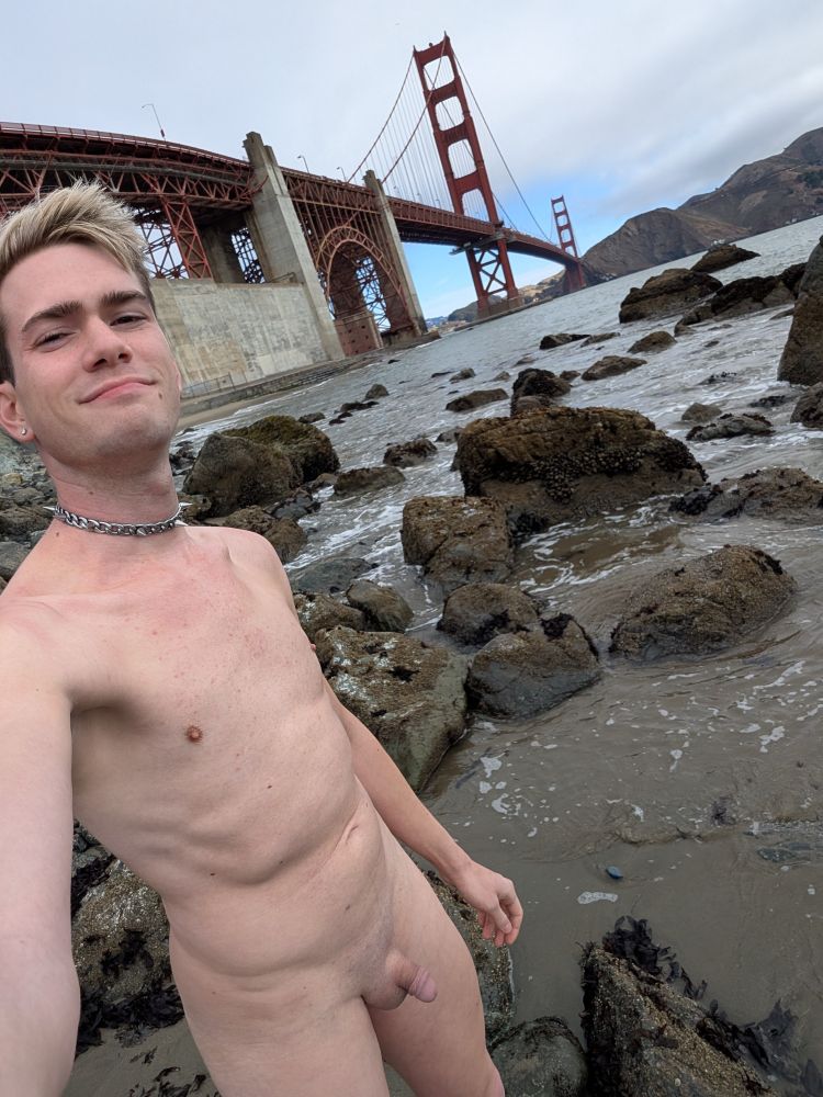 a nude frontal selfie with the golden gate bridge in the background