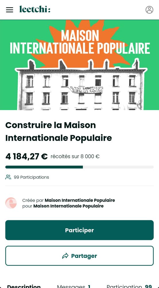 Capture d'écran de la page de la cagnotte avec le montant affiché de 4184 euros