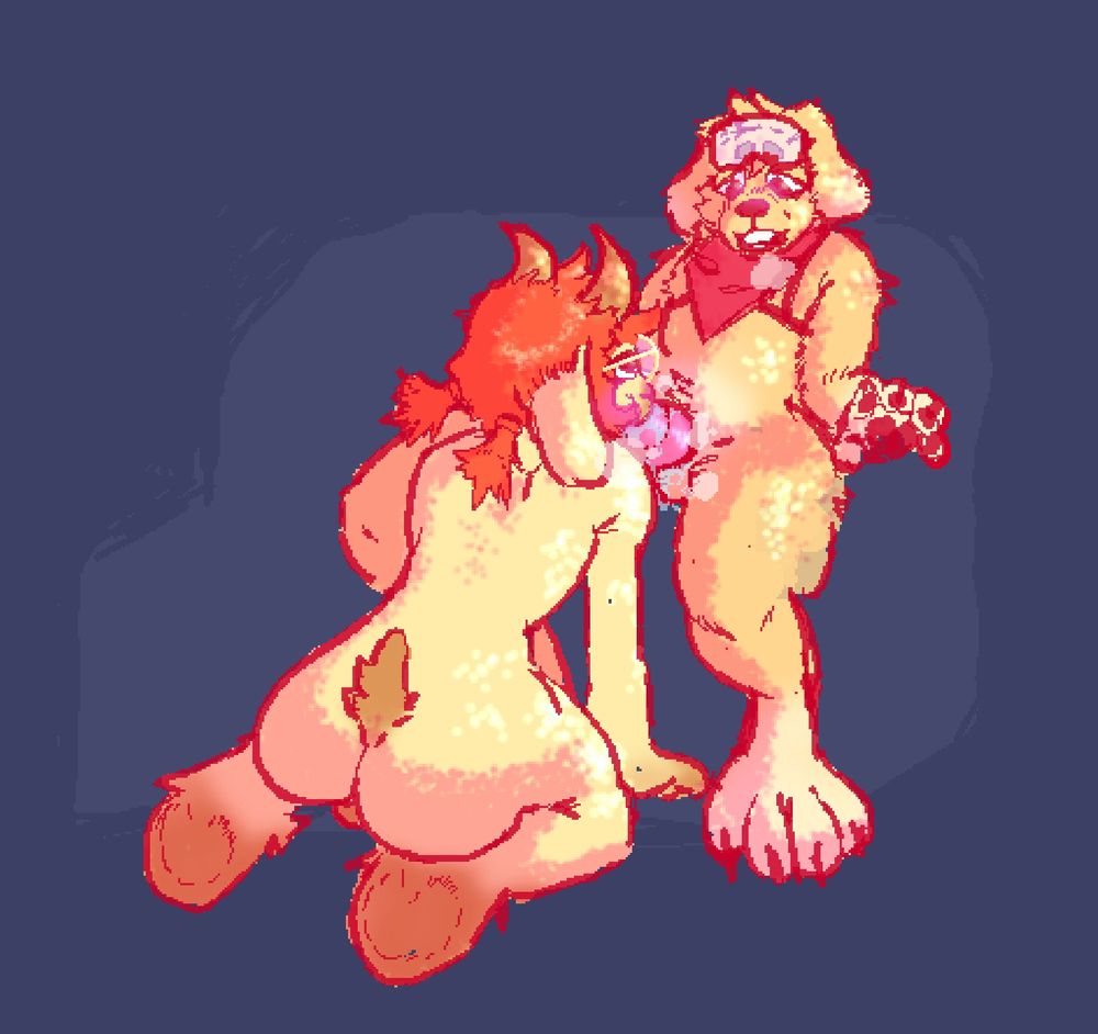 Syro, a light furred goat boy, is on his knees hungrily working down to the knot of a golden retriever anthro. 