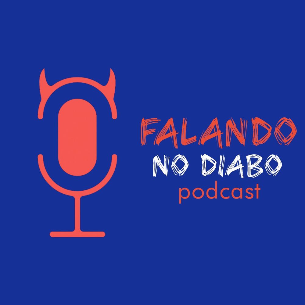 Novo logo do podcast Falando no Diabo, com o título em laranja e branco ao lado de um microfone de mesa com chifres, também laranja, sobre fundo azul escuro.
