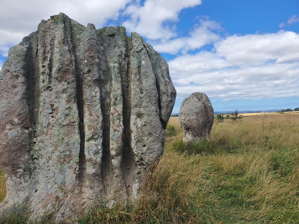 A sandstone megalith with deep vertical erosion grooves 
