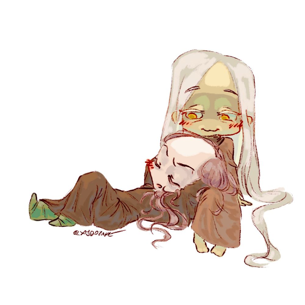 A digital sketch of chibi Nosramus and Enki Ankarian from Fear and Hunger