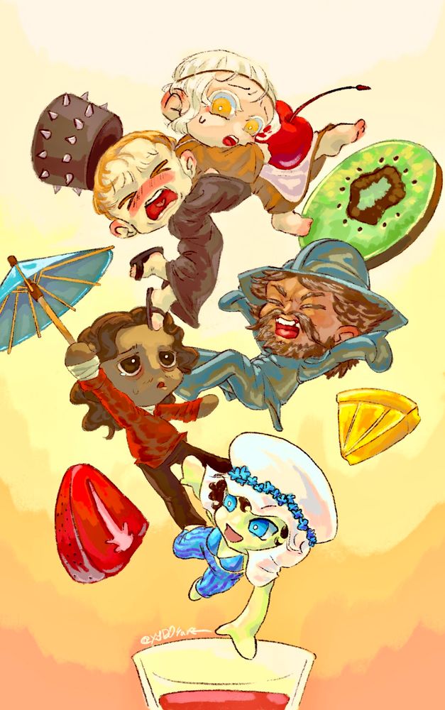 A digital painting of chibi Nosramus, Valteil, Francois, Ronn Chambara, and Nilvan from Fear and Hunger