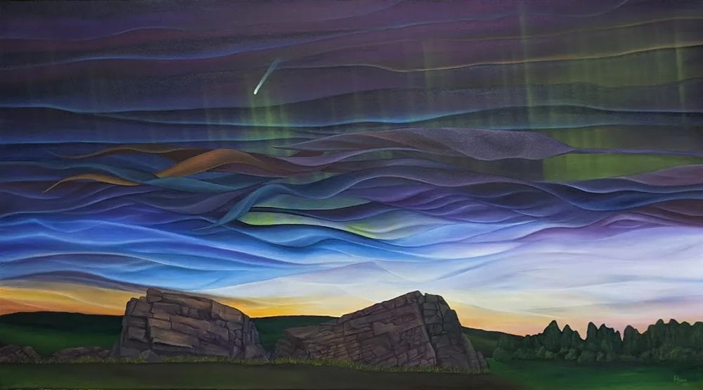 Abstract landscape: night sky with noctilucent clouds, green aurora, a comet over 2 large glacial erratics