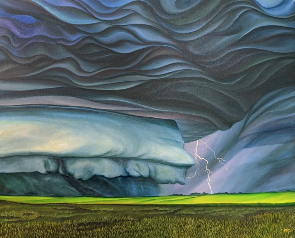 Abstract landscape painting: Blue green mothership storm with heavy rain at bottom with a green field in foreground. 
