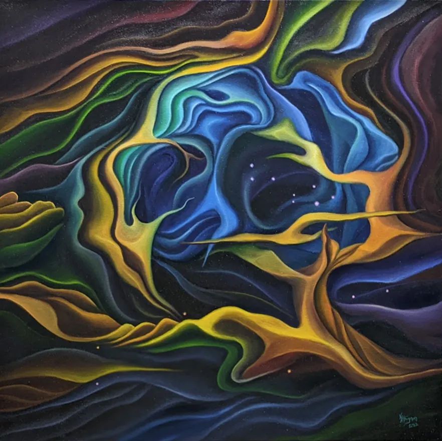 Painting of Rosette Nebula. Oil on Canvas 
25×25″ 63×63 cm 2022
2022Abstract spacescape: swirling nebula with stars embedded