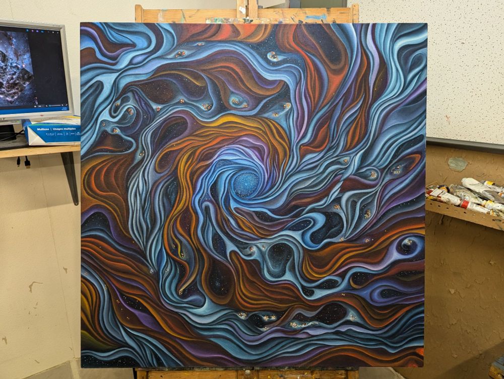 WIP painting of a galaxy with swirls of white blue oranges and red with even more stars.