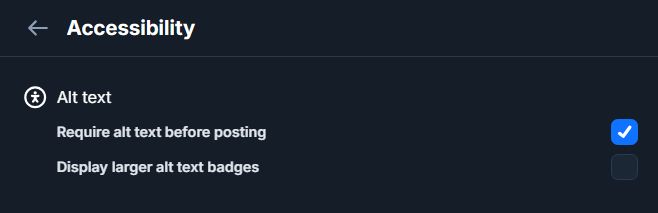 Bluesky settings screen showing option to require alt text before posting. 