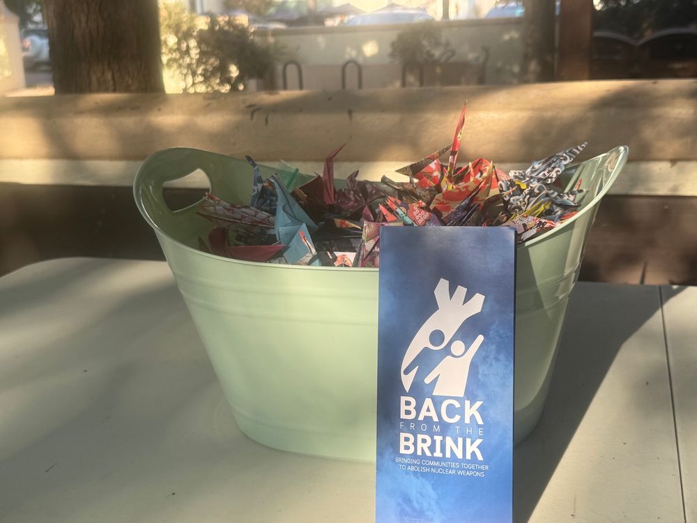 Our bucket of hundreds of folded cranes with the brochure for Back From the Brink