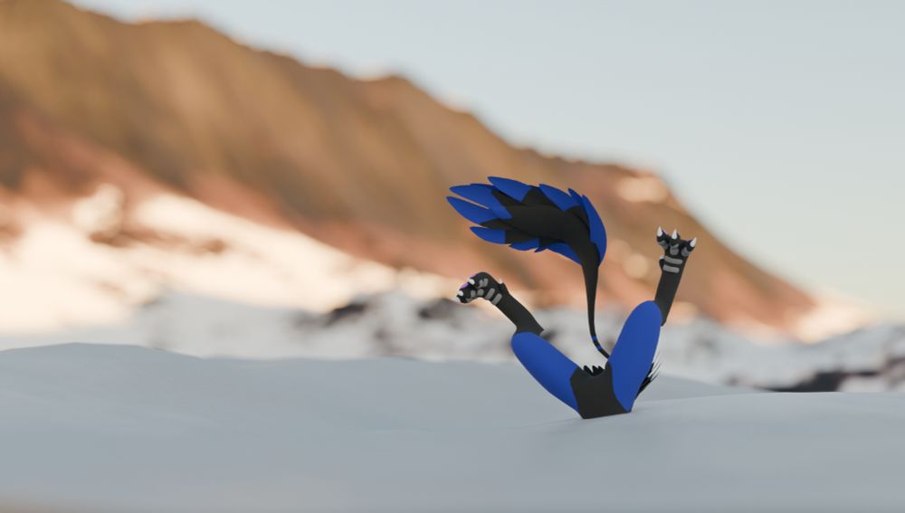 Avali half submerged in snow upside down with his legs and tail sticking out