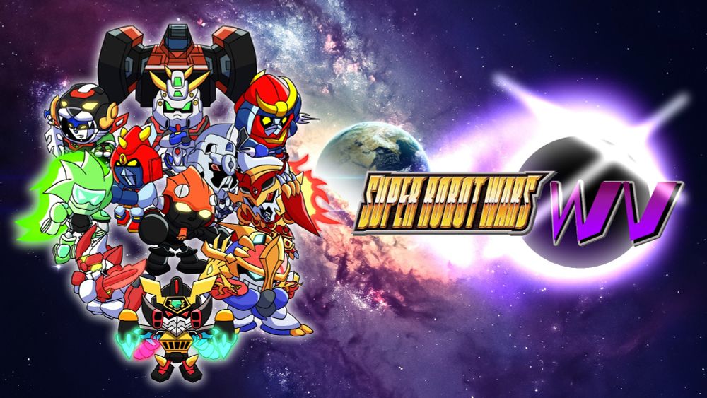 An edit concept for a fan project based on the Super Robot Wars series called Super Robot Wars WV. Featuring a logo, key art of the mechs, and a galaxy in the back with planet Earth in the middle. The mechs and ship featured From top to bottom/left to right are The Bucket from Monkey Wrench, GoLion from Beast King GoLion (Better known as Lion Voltron from overseas), God/Burning Gundam from Mobile Fighter G Gundam, Zambot 3, Voltes V, Dann Of Thursday from GUN X SWORD, Nova Cycle which is from my original IP Viralium Chronicles, Big O from... Well, The Big O, Flame God Rayearth from Magic Knight Rayearth, Bravenwolf from Tenkai Knights, Ryujinmaru from Mashin Creator Wataru, and GaoGaiGo from King Of Kings: GaoGaiGar VS Betterman.