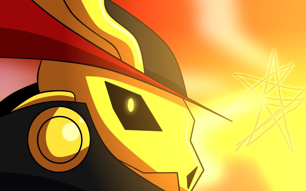 A golden bat-skull figure donned in a black coat with a gold button and a black and red hat. It's an original character based on the open domain character, Ogon Bat/Golden Bat, one of the world's earliest superheroes.