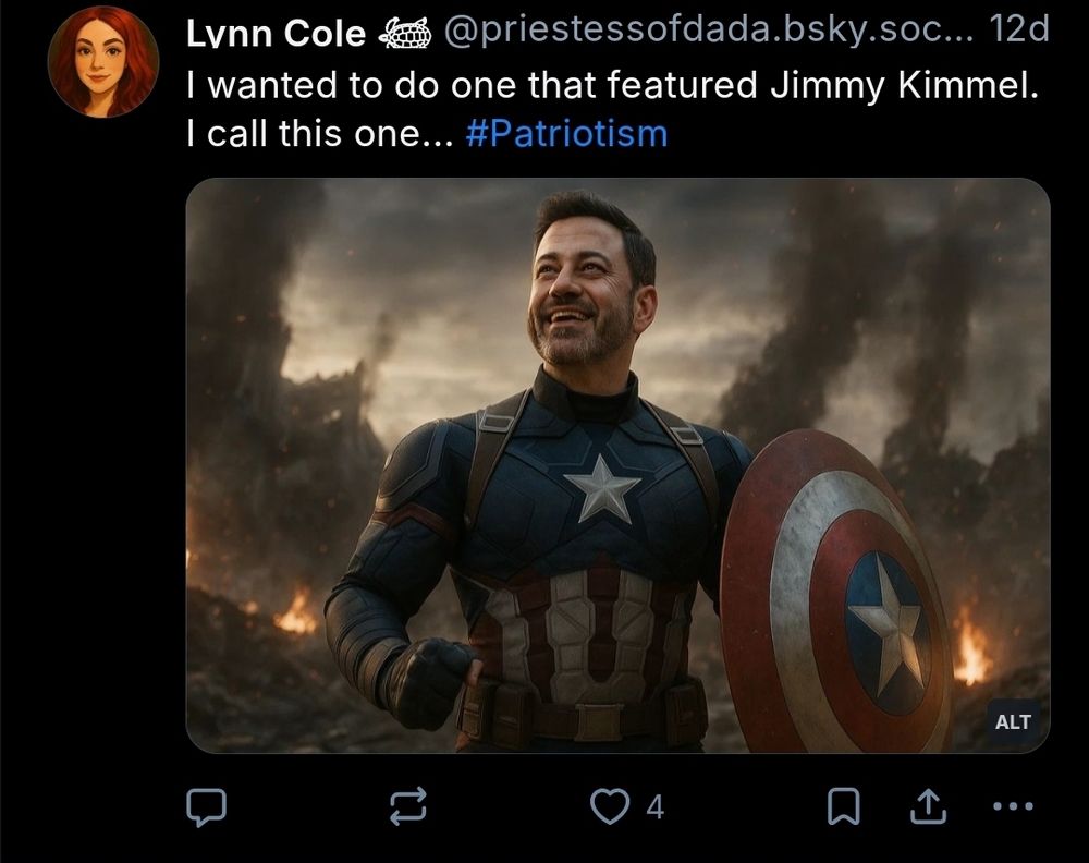 screenie of ai slop image depicting Jimmy Kimmel dressed as captain America in front of shouldering ruins like in that avenger movie

Skeet text reading "I wanted to do one that featured Jimmy Kimmel. I call this one... #Patriotism