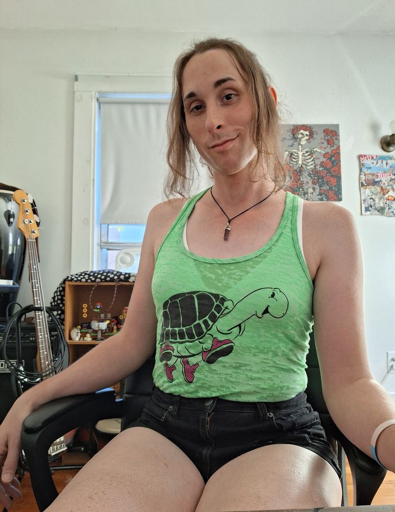 Cassie sitting in her computer chair wearing a green tank top with a cartoon turtle on it and black denim shorts. Behind her is a grateful dead poster and an anxty collage, as well as various nik nacks on a shelf, a bass guitar and amp, among other doodads. Her hair is tied back, save for some curtains in the front