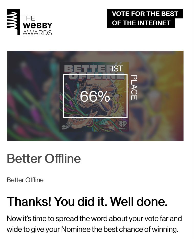 66% for Better Offline in the Webby Awards.

'1st Place'.