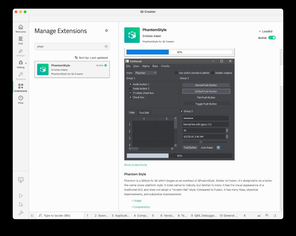 Qt Creator 15 running on macOS with the "Extensions" panel open and the "PhantomStyle" plugin displayed as active.