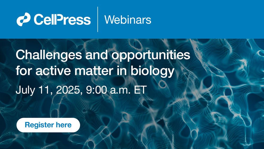 Banner advertising a webinar titled "Challenges and opportunities for active matter in biology". Depicts an abstract, liquid-like, blue background.