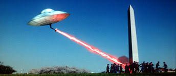 The flying saucer from Mars Attacks blasting the Washington monument 