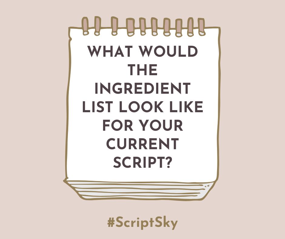 Notepad on brown background, question: What would the ingredient list look likee for your current script? #ScripSky