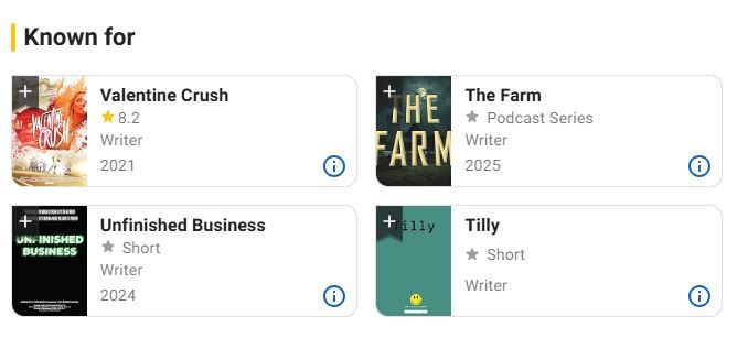 Screenshot of IMDb credits for VALENTINE CRUSH (2021), THE FARM (2025), UNFINISHD BUSINESS (2024), and TILLY (currently in post production).