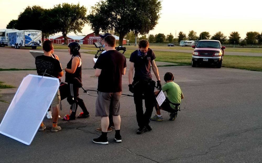 Us setting up lighting outside for a shot