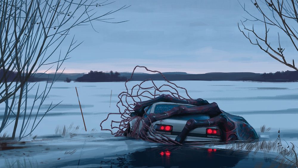 Simon Stalenhag painting of a boxy sedan partially submerged under a frozen pond, pulled under by what appears to be an alien, crab-like creature with thin tentacles. 