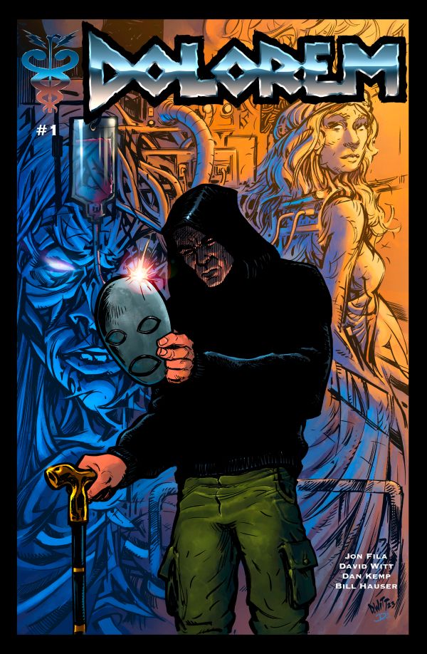 Dolorem 1 cover. Disabled hero contemplates his path while supernatural forces look on.