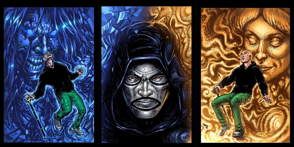 Triptych featuring Nocere (harm), Neit in a mask, Nepenthe (comfort).