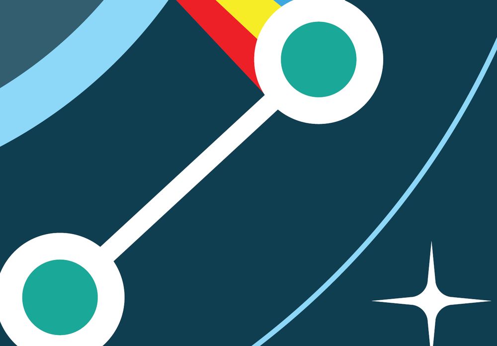 Abstract space-themed graphic featuring two white circles connected by a diagonal white line, set against a dark teal background. A light blue arc curves across the top left, and a small white star shape appears on the right. A red, yellow, and blue triangular color accent sits near the upper circle.
