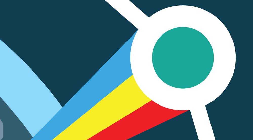 Abstract space-themed graphic featuring a large white ring with a teal circle inside, connected to a white diagonal line. Three colored beams, blue, yellow, and red, extend outward from the circle against a dark teal background with curved light-blue shapes.