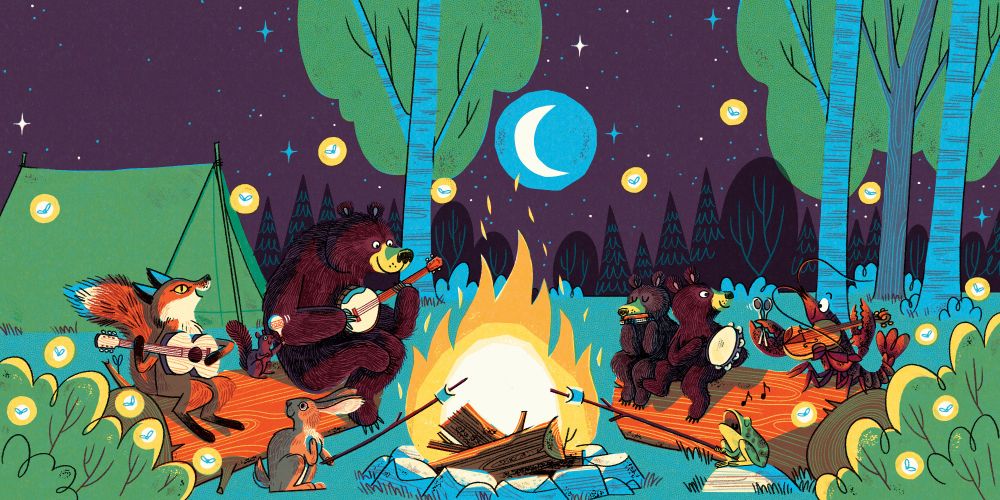 An illustrated spread with simple line and shape, in a mid-century inspired style. This image shows a forest at night with tall trees, lots of bushes, and a tent in the background. A roaring campfire is central, and a number of animals sit on logs surrounding it, roasting marshmallows and playing instruments. On the left side, a fox plays a ukulele, next to a bear playing a banjo, and a squirrel playing a shaker. On the right side two bear cubs play a harmonica and tambourine, next to a lobster who plays a fiddle with his antennae, and wooden spoons with his claw. In the foreground a frog and rabbit roast marshmallows. The scene is illuminated by a crescent moon in the sky, with lots of stars. Glowing fireflies fly around the site, creating points of light.