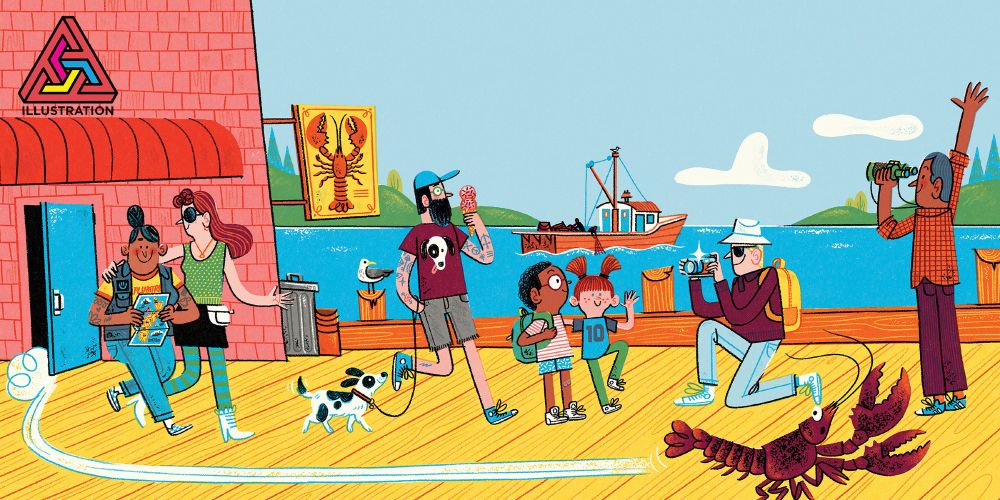 A bright, illustrated spread of a waterfront boardwalk scene filled with people. Two women refer to a tourist map, a man with a beard and glasses walks a small dog and eats an ice cream cone, two children pose for a photo being taken by their guardian, while another man waves to a fishing boat in the harbour. In the foreground, the lobster scoots across the page, from the back door of the restaurant where he has escaped. There is a logo in the top left corner for the Applied Arts Illustration Awards. 