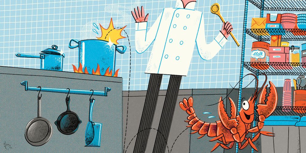 An illustrated spread with simple line and shape, in a mid-century inspired style. The image shows the interior of a commercial kitchen, where a chef is boiling water on the stove-top, reacting in surprise as a bright red lobster hops out of the pot, and runs across the floor to freedom.
