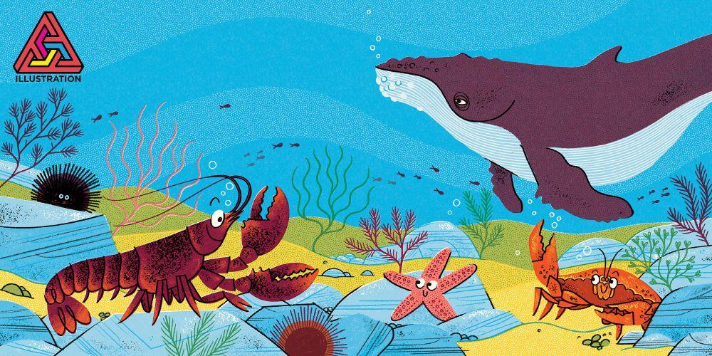 A bright, illustrated spread of an underwater scene, with a lobster, starfish, whale and rock crab. There is a logo in the top left corner for the Applied Arts Illustration Awards. 