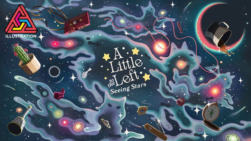 Key art for the video game A Little to the Left, showing an illustrated cosmic scene, with large gas clouds forming the shapes of four cats in various poses. Stars, galaxies, black holes, comets and nebulae fill the the space, and many objects float in the void, including a red cassette tape, a small potted cactus, ceramic bell, folding pocket knife, a small key, coffee mug and more. A large planed in the background, upon closer inspection is a giant ball of red yarn, with a loose strand flowing into space. In the centre of the image is the text "A Little to the Left" and underneath it in smaller text "Seeing Stars". In the top left hand corner is the logo for the Applied Arts Magazine Illustration Awards, which is an impossible triangular shape made of interlocking capital letter As, in red, yellow, cyan and blue. 