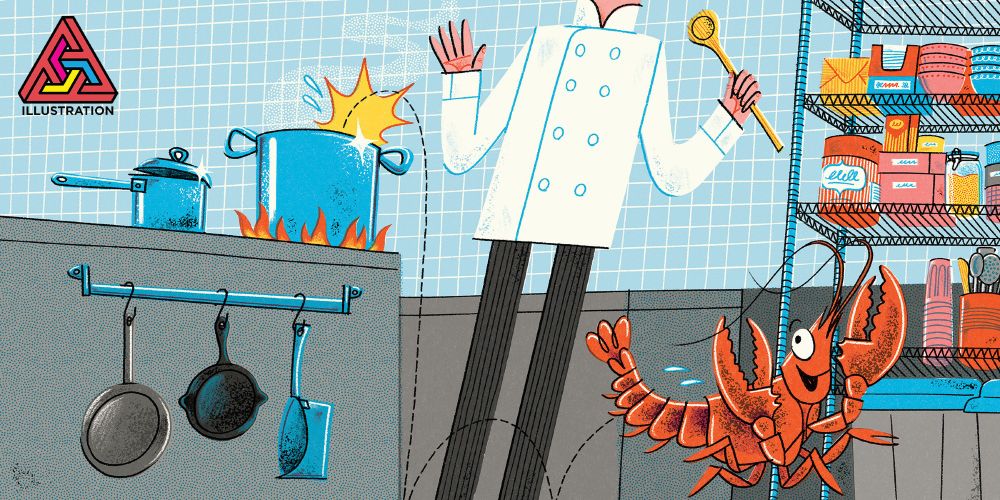A bright, illustrated spread of a commercial kitchen interior. A bright red lobster has hopped out of the bit pot on the stove top, and is running away, while a chef holding a yellow spoon raises their hands in surprise. There is a logo in the top left corner for the Applied Arts Illustration Awards. 