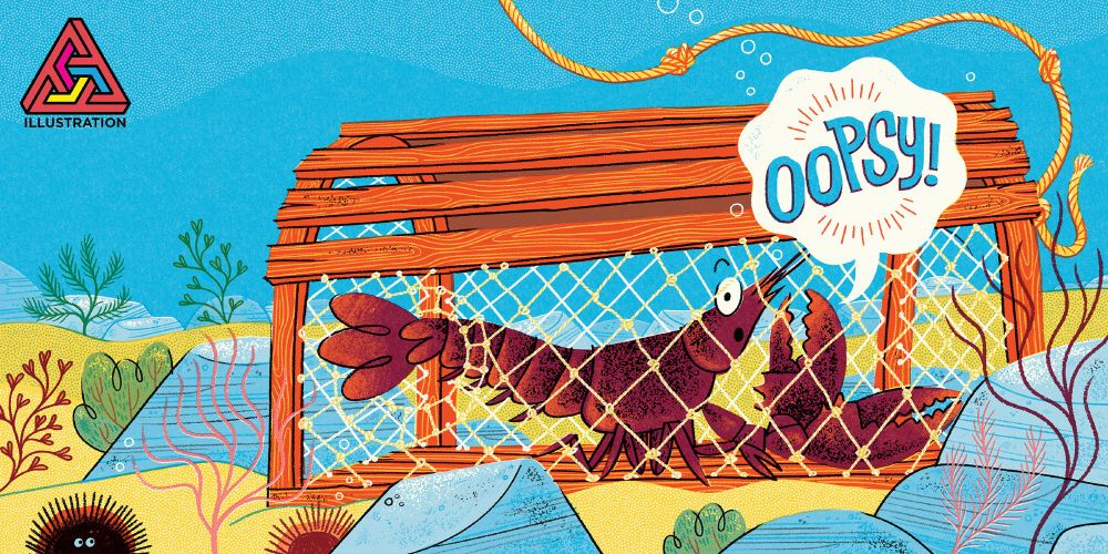 A bright, illustrated spread of an underwater scene, with a lobster caught in a lobster trap. The lobster has a speech bubble with hand-lettered text that says "OOPSY!". There is a logo in the top left corner for the Applied Arts Illustration Awards. 