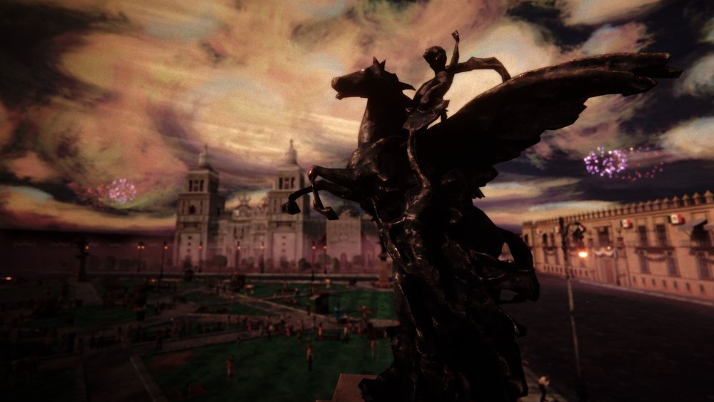 A Pegasus sculpture in the corner of the esplanade. In the background you can see the Palacio Nacional, the cathedral and the fireworks celebrating Independence Day 