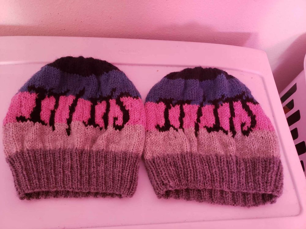 Two knitted beanies with "It/Its" written in curly letters. The stripes are in shades of grey, pink, and blue.