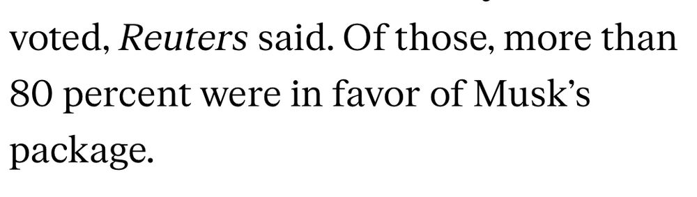 Text says “more than 80 percent were in favor of Musk’s package”