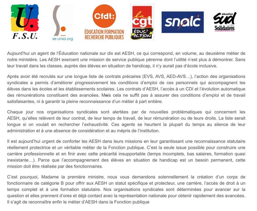 Texte du communiqué intersyndical demandant un statut de la fonction publique pour les AESH.
