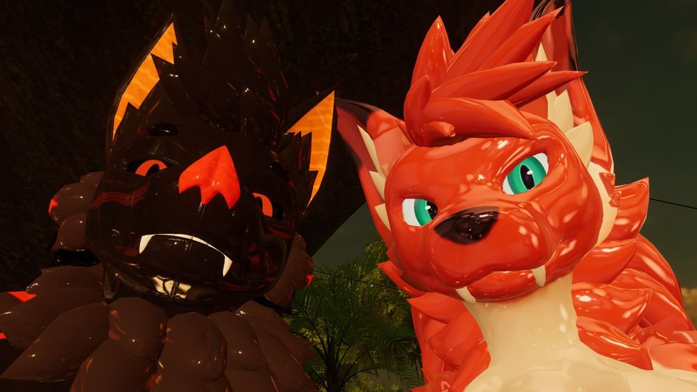A photo of Vere and Kite in the game vrchat staring down at the viewer in a suggestive manner