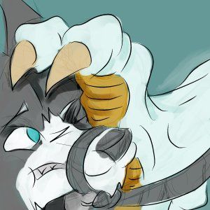 A very old version of Connie's fursona, muzzle tied with a leash and tugged into the sole of some white and yellow dragon talons.