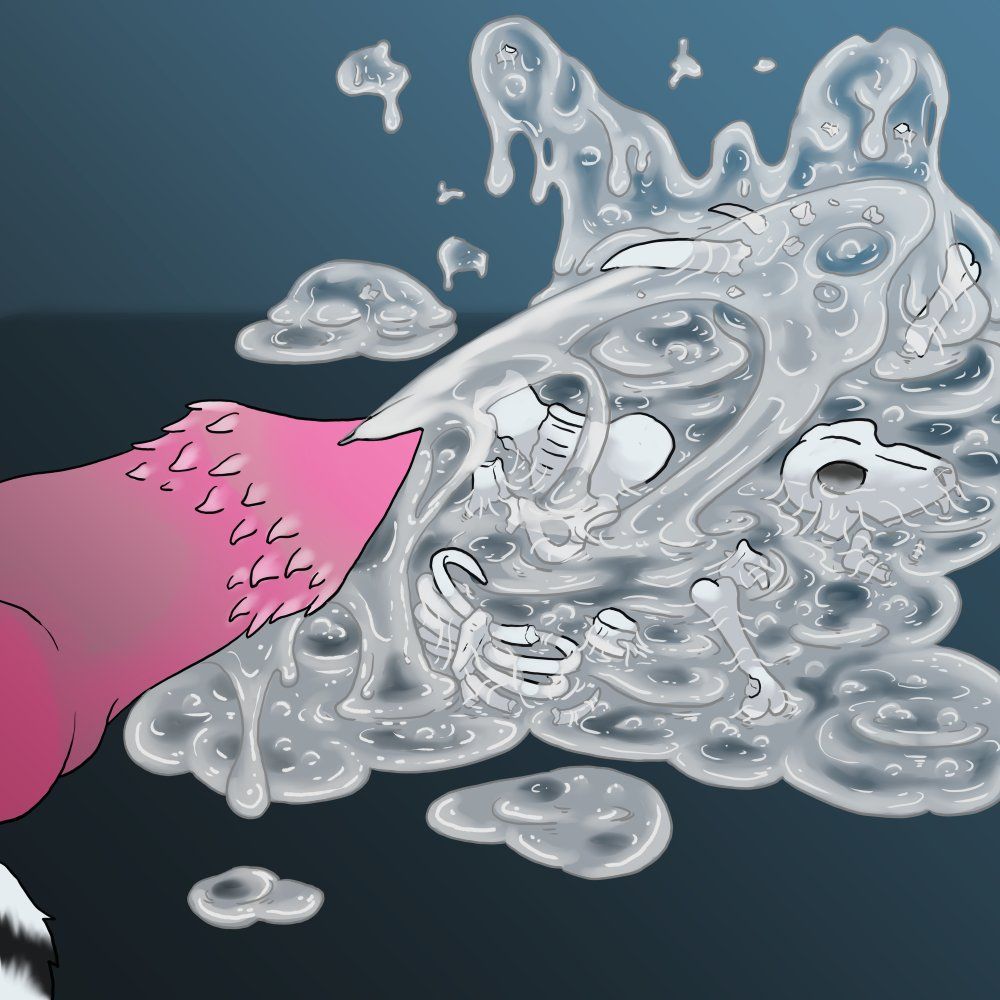 A barbed cock orgasming against a plain floor and wall. The massive flood of thick cum contains the broken remains of a skeleton