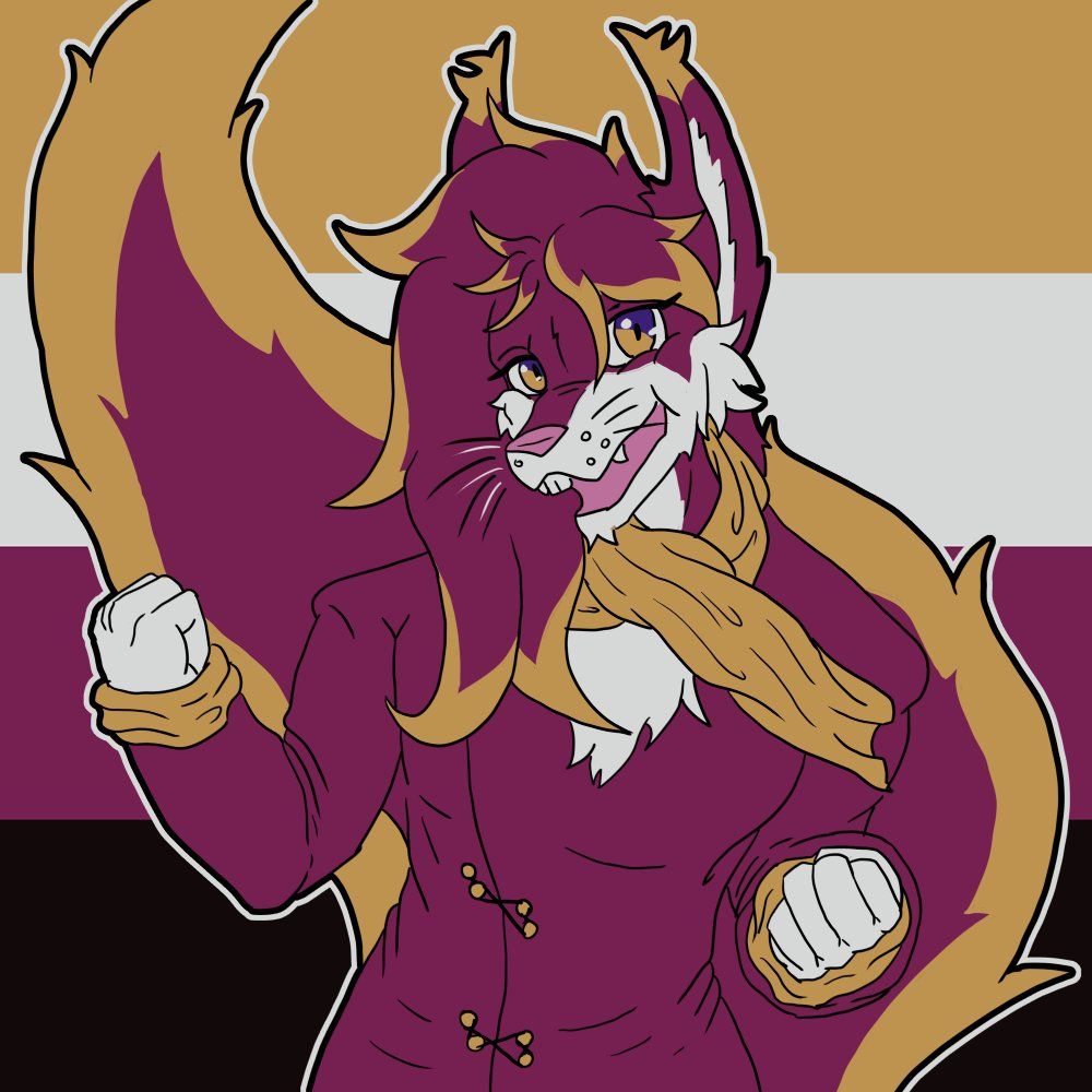 Crimson, a red, gold and cream wolf/squirrel anthro. It is in front of a colour shifted non-binary pride banner, dancing to 'you spin me right round' dressed in an outfit from the video