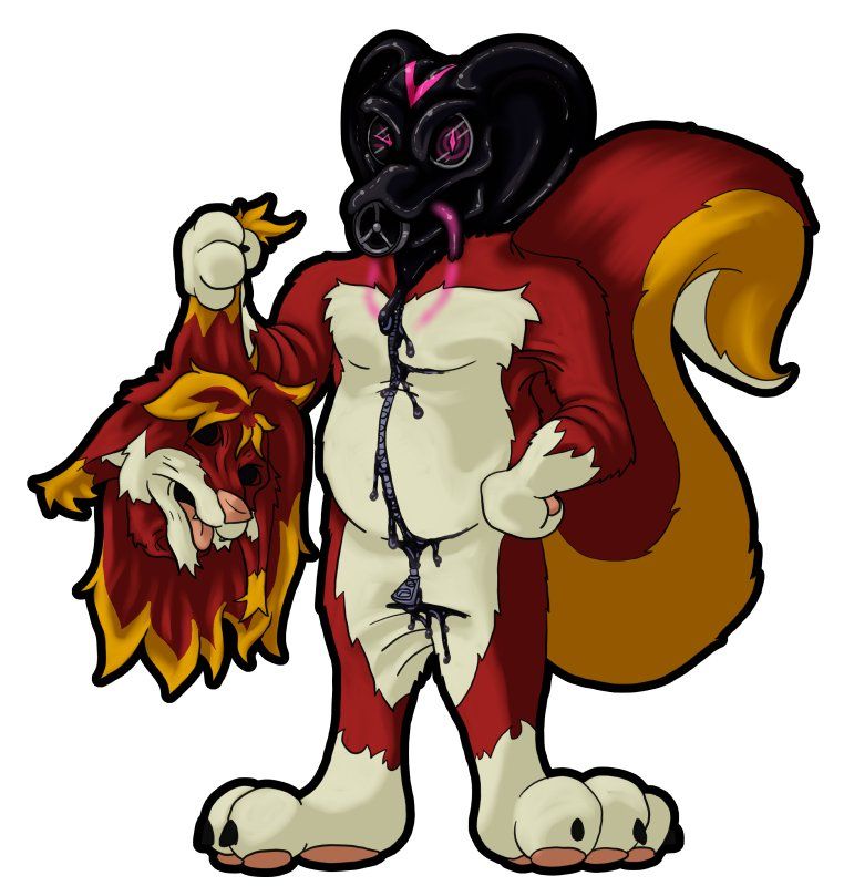 A suit of Crimson, a red, gold and white wolf/squirrel. The head has been removed showing it being worn by a rubber snake drone