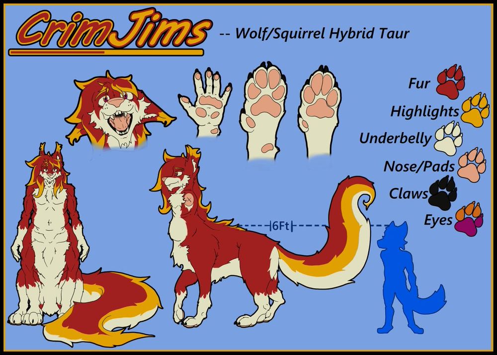 A reference sheet for Crimson, a wolf/squirrel hybrid taur.