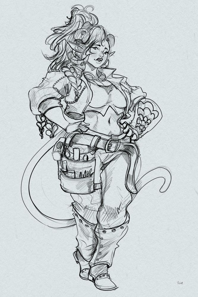 Tiefling dressed as Gemma from Monster Hunter Wilds.
